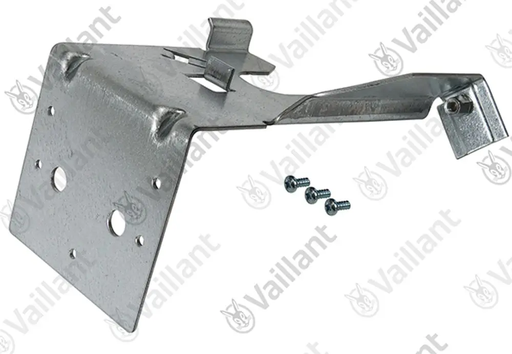 Metallkonsolenhalterung von Vaillant, mit verschiedenen Befestigungslöchern und einem seitlichen Montagearm. Enthält drei Schrauben zur Befestigung.
